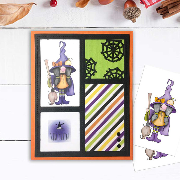 Cute Witch Halloween Gnome digital stamp - printable clipart  for cardmaking, craft, scrapbooking & stickers