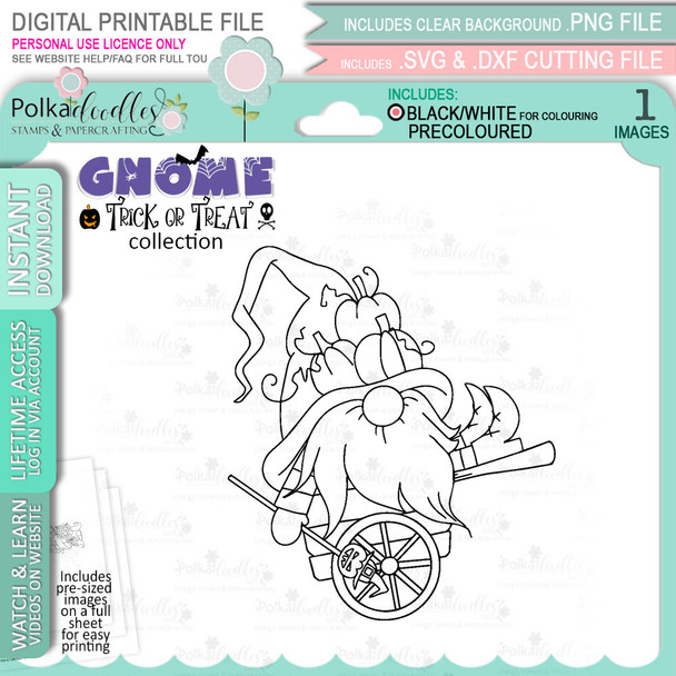 Autumn Wheelbarrow Halloween Gnome digital stamp - printable clipart  for cardmaking, craft, scrapbooking & stickers