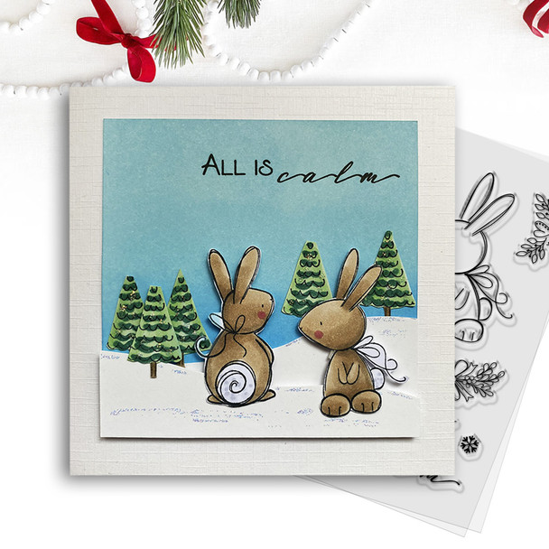 All is Calm Winter Rabbits - Christmas 3 x 4" clear photopolymer stamp set