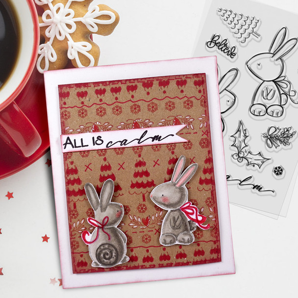 All is Calm Winter Rabbits - Christmas 3 x 4" clear photopolymer stamp set