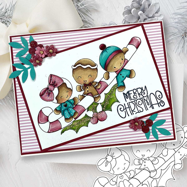 Candy Cane Fun - Gingerbread Holly digital stamp - (COLOUR) printable clipart  for cardmaking, craft, scrapbooking & stickers