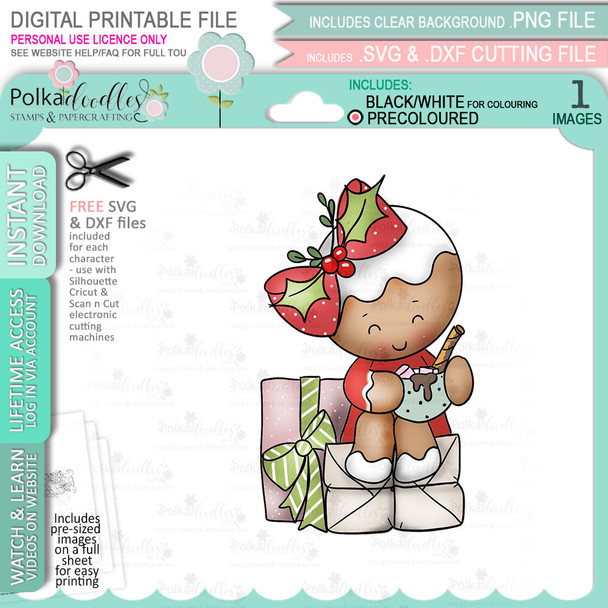 Gift Wrapping - Gingerbread Holly digital stamp - (COLOUR) printable clipart  for cardmaking, craft, scrapbooking & stickers
