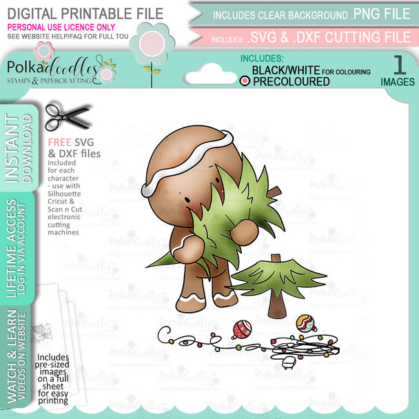 Putting up the Tree - Gingerbread Holly digital stamp - (COLOUR) printable clipart for cardmaking, craft, scrapbooking & stickers