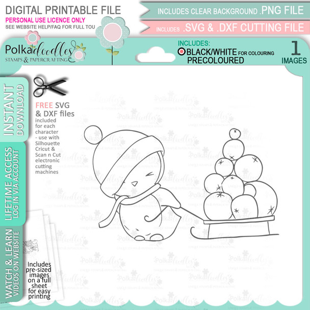 Snowball Sleigh Theo Penguin digital stamp - printable clipart  for cardmaking, craft, scrapbooking & stickers