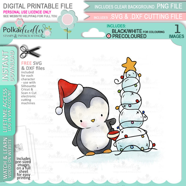 Snowball Tree Theo Penguin digital stamp - (COLOUR) printable clipart  for cardmaking, craft, scrapbooking & stickers