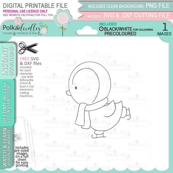 Ice Skating Theo Penguin digital stamp - printable clipart  for cardmaking, craft, scrapbooking & stickers