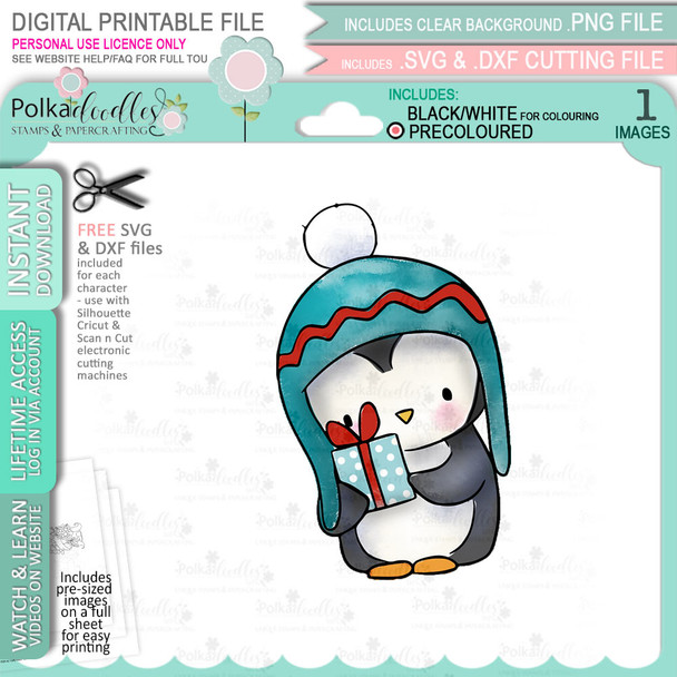 Little Gift Theo Penguin digital stamp - (COLOUR) printable clipart  for cardmaking, craft, scrapbooking & stickers