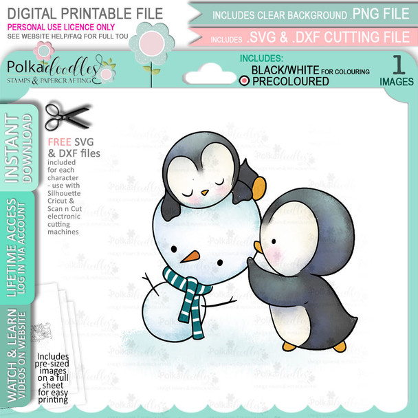 Snowman Theo Penguin digital stamp - (COLOUR) printable clipart  for cardmaking, craft, scrapbooking & stickers