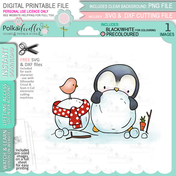 Build A Snowman Theo Penguin digital stamp - (COLOUR) printable clipart  for cardmaking, craft, scrapbooking & stickers