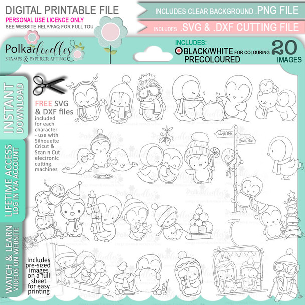 Theo Penguin - BIG BUNDLE 20 digital stamps printable clipart  for cardmaking, craft, scrapbooking & stickers