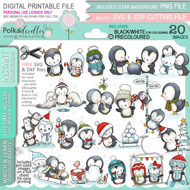 Theo Penguin - BIG KAHUNA bundle of digital stamps, papers, greetings printable clipart for cardmaking, craft, scrapbooking & stickers