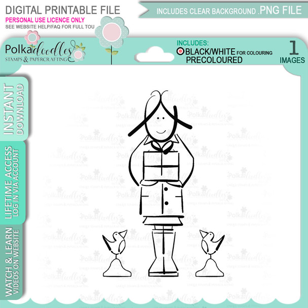 All the gifts Girl with birds - Lucy Monkman digital stamp - printable clipart  for cardmaking, craft, scrapbooking & stickers