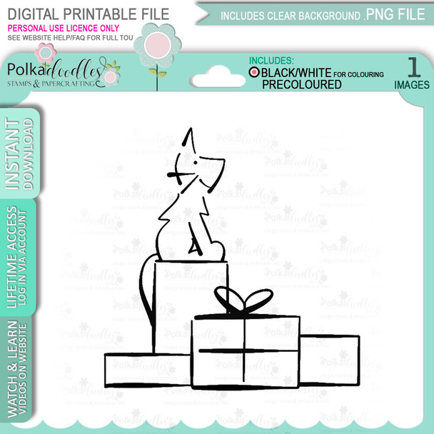 Dog sitting on parcels/gifts - Lucy Monkman digital stamp - printable clipart  for cardmaking, craft, scrapbooking & stickers