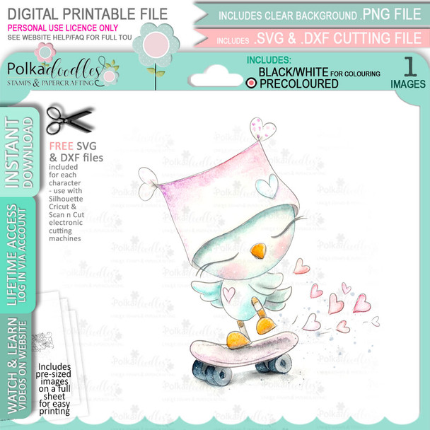 Love Bird Skateboard (precoloured) Valentine - Wings of Love cute printable craft digital stamp download with free SVG /DXF files