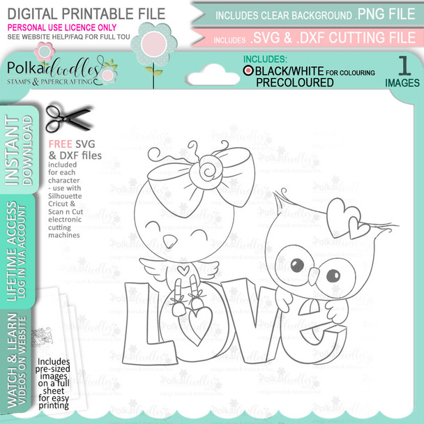 Love Birds Word Valentine - Wings of Love cute printable craft digital stamp download with free SVG /DXF files