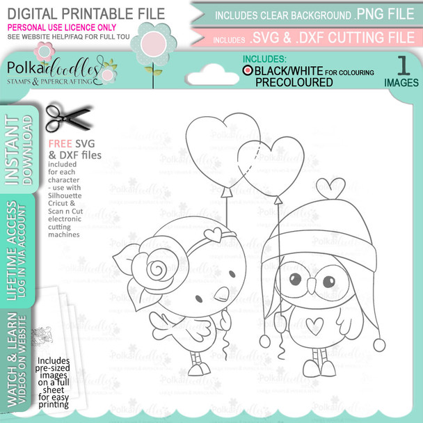 Love Bird Balloons Valentine - Wings of Love cute printable craft digital stamp download with free SVG /DXF files