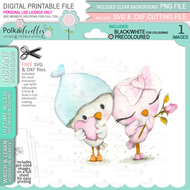 Love Birds Hearts & Roses (precoloured) Valentine - Wings of Love cute printable craft digital stamp download with free SVG /DXF files