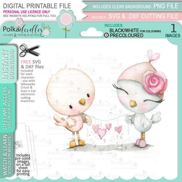 Love Bird Heart Bunting (precoloured) Valentine - Wings of Love cute printable craft digital stamp download with free SVG /DXF files