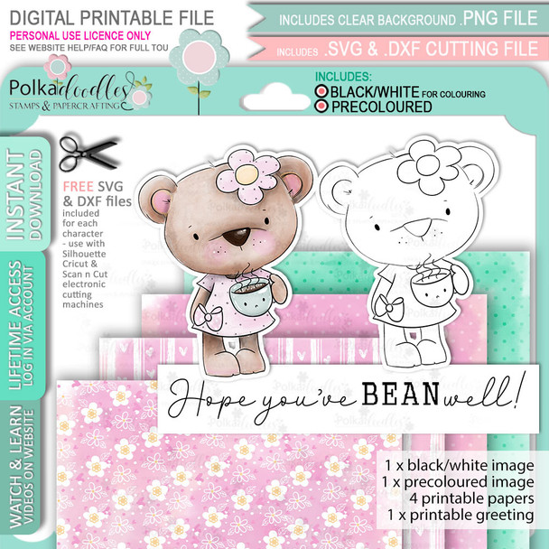 Bella Bear Morning Coffee -  cute printable craft digital stamp download with free SVG /DXF files