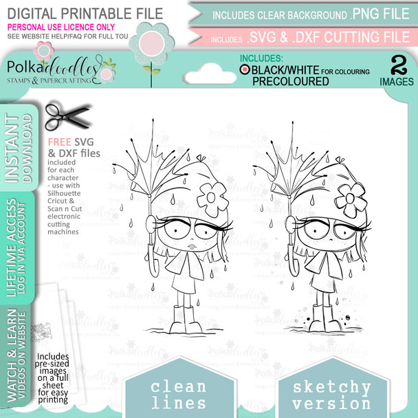 Soaking Wet Umbrella Rebel -  cute printable craft digital stamp craft download