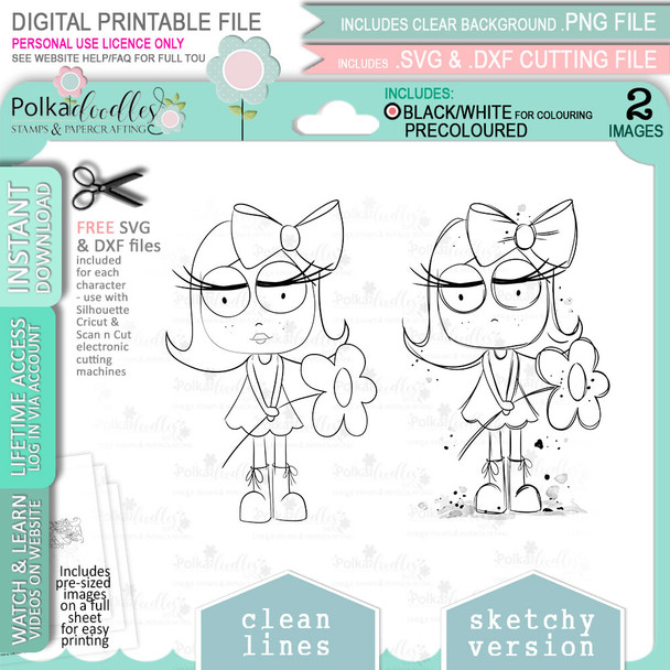 Flower Rebel girl -  cute printable craft digital stamp craft download