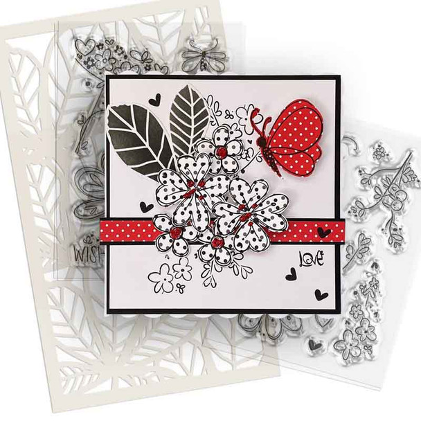 Hearts and Flowers Butterfly Stamp 1 - 8 photopolymer clear stamps for card making, crafts, scrapbooking