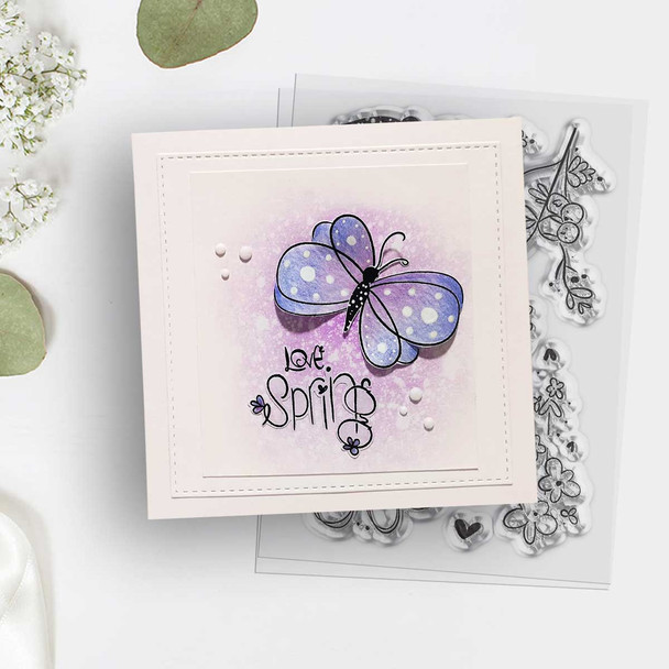 Hearts and Flowers Butterfly Stamp 2 - 10 photopolymer clear stamps for card making, crafts, scrapbooking