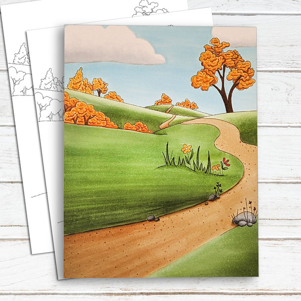 Country Road Scene background for colouring - printable craft digital stamp download