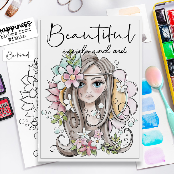 Natures Beauty Girl with flowers in hair - printable digital stamp download, SVG, greeting for card making and craft