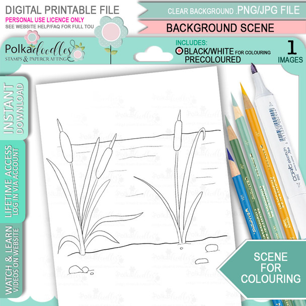 River and reeds Scene background for colouring - printable craft digital stamp download
