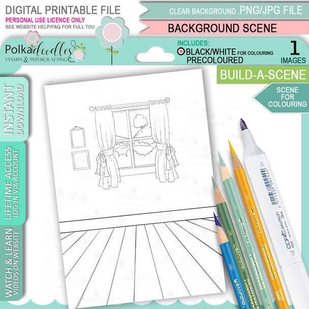Build A Scene - Room with a view without furniture background for colouring. Printable craft digital stamp download
