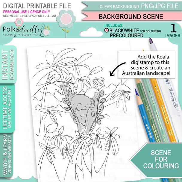 Bamboo Leaves with Mountains - Scene background for colouring. Printable craft digital stamp download