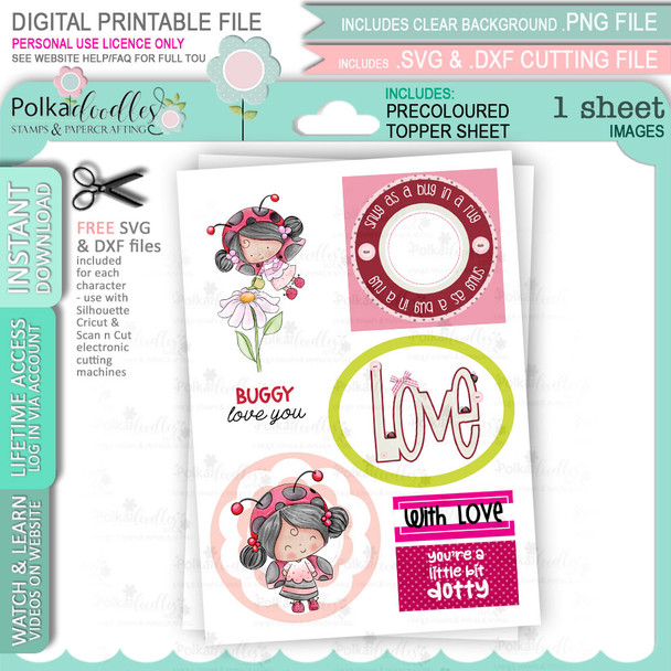 Lily Bug Ladybird Topper sheet 2 -  cute printable cardmaking digital stamp craft download
