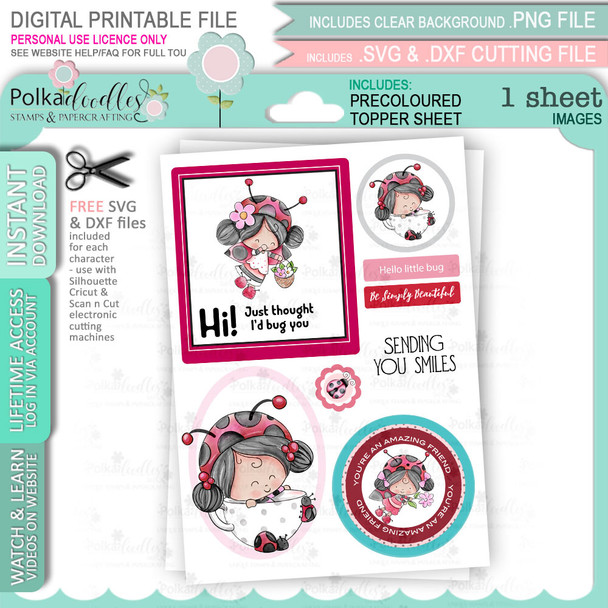 Lily Bug Ladybird Topper sheet 4 -  cute printable cardmaking digital stamp craft download