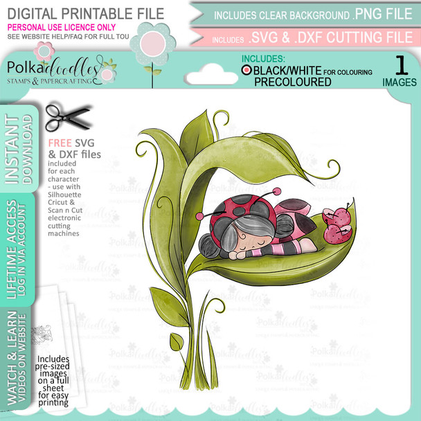 Sleeping Lily Ladybug Ladybird PRECOLOURED Cute digital stamp with SVG outlines for card making and crafting.