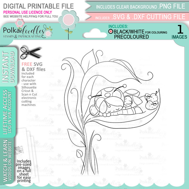 Sleeping Lily Ladybug Ladybird Cute digital stamp with SVG outlines for card making and crafting.