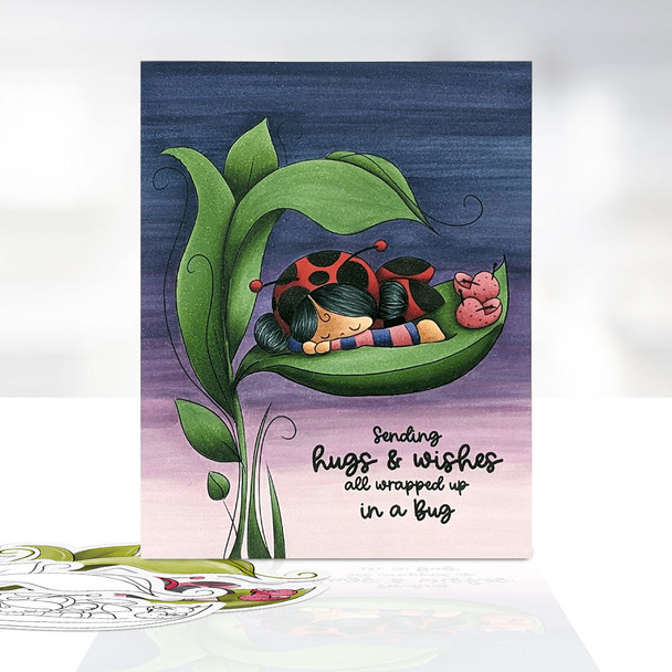 Sleeping Lily Ladybug Ladybird Cute digital stamp with SVG outlines for card making and crafting.