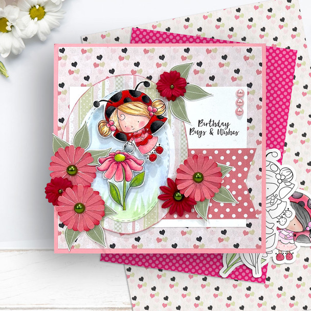Gardening Lily Ladybug Ladybird Cute digital stamp with SVG outlines for card making and crafting.