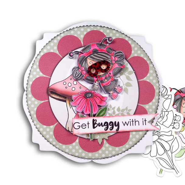 Gardening Lily Ladybug Ladybird Cute digital stamp with SVG outlines for card making and crafting.