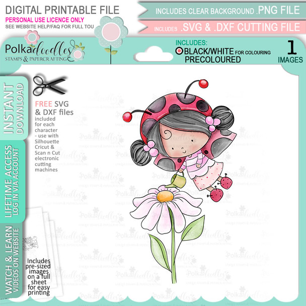 Gardening Lily Ladybug Ladybird PRECOLOURED Cute digital stamp with SVG outlines for card making and crafting.