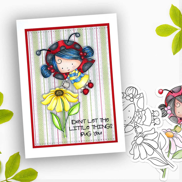 Gardening Lily Ladybug Ladybird PRECOLOURED Cute digital stamp with SVG outlines for card making and crafting.