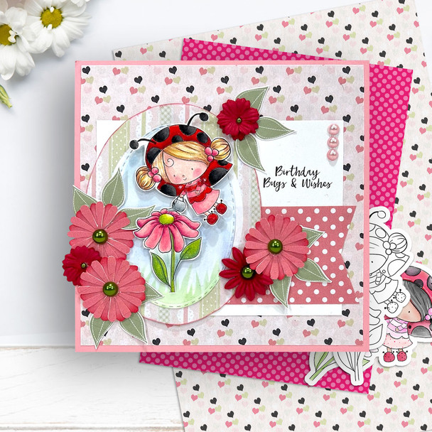 Gardening Lily Ladybug Ladybird PRECOLOURED Cute digital stamp with SVG outlines for card making and crafting.