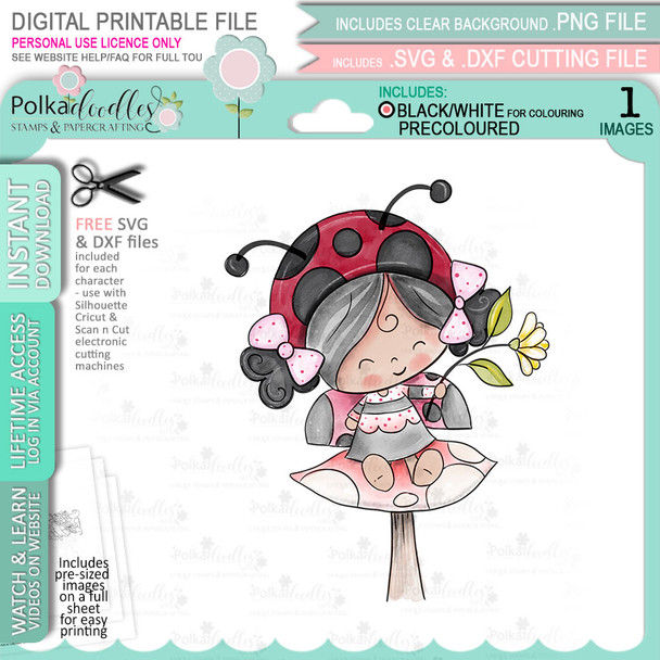 Toadstool Lily Ladybug Ladybird PRECOLOURED Cute digital stamp with SVG outlines for card making and crafting.