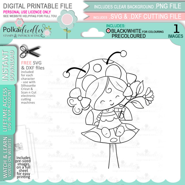 Toadstool Lily Ladybug Ladybird Cute digital stamp with SVG outlines for card making and crafting.