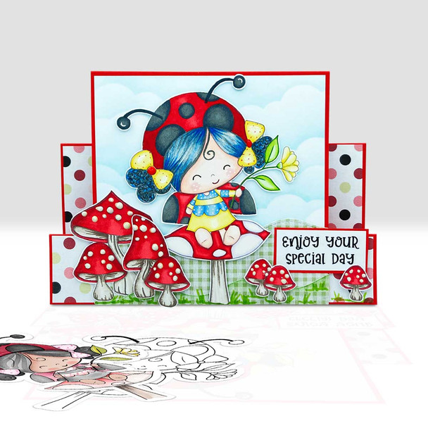 Toadstool Lily Ladybug Ladybird Cute digital stamp with SVG outlines for card making and crafting.