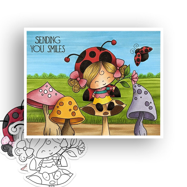 Toadstool Lily Ladybug Ladybird Cute digital stamp with SVG outlines for card making and crafting.