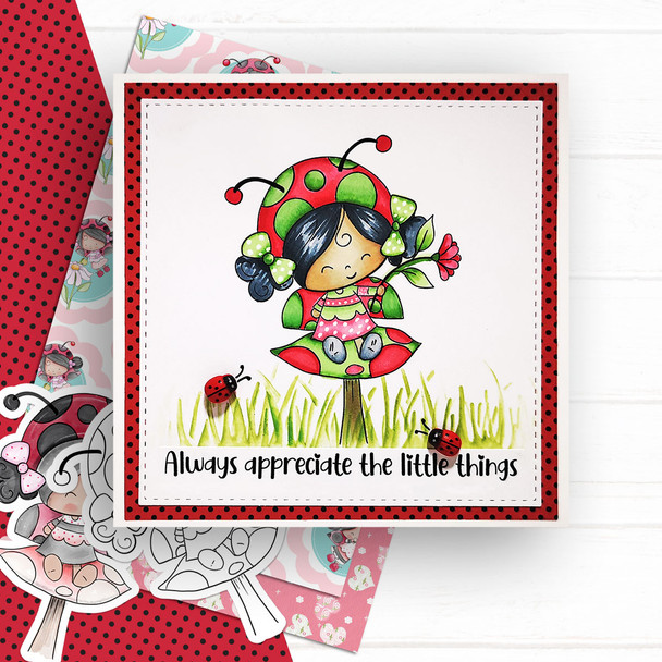 Toadstool Lily Ladybug Ladybird Cute digital stamp with SVG outlines for card making and crafting.