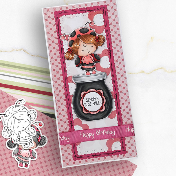 Fun Lily Ladybug Ladybird PRECOLOURED Cute digital stamp with SVG outlines for card making and crafting.