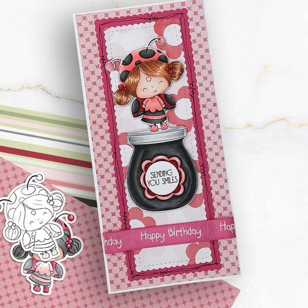 Fun Lily Ladybug Ladybird Cute digital stamp with SVG outlines for card making and crafting.