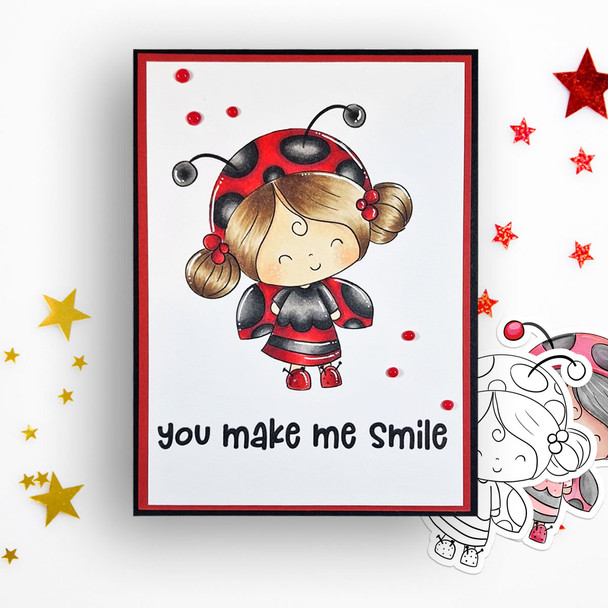 Fun Lily Ladybug Ladybird Cute digital stamp with SVG outlines for card making and crafting.